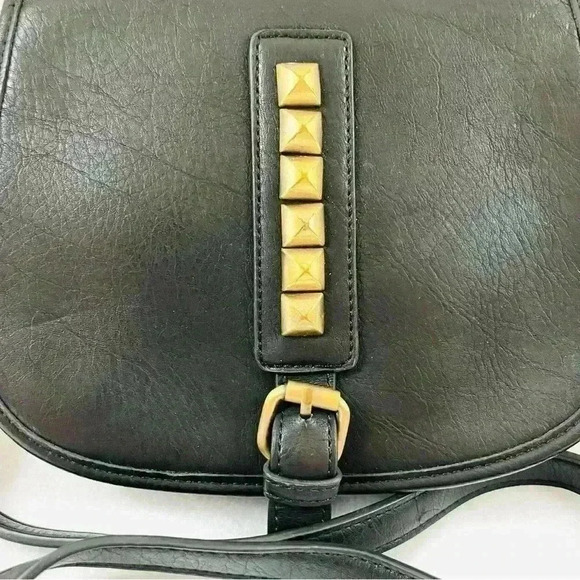 MMS Black Faux Leather w/ Gold Studded Hardware Adjustable Strap Crossbody Bag - Picture 10 of 15
